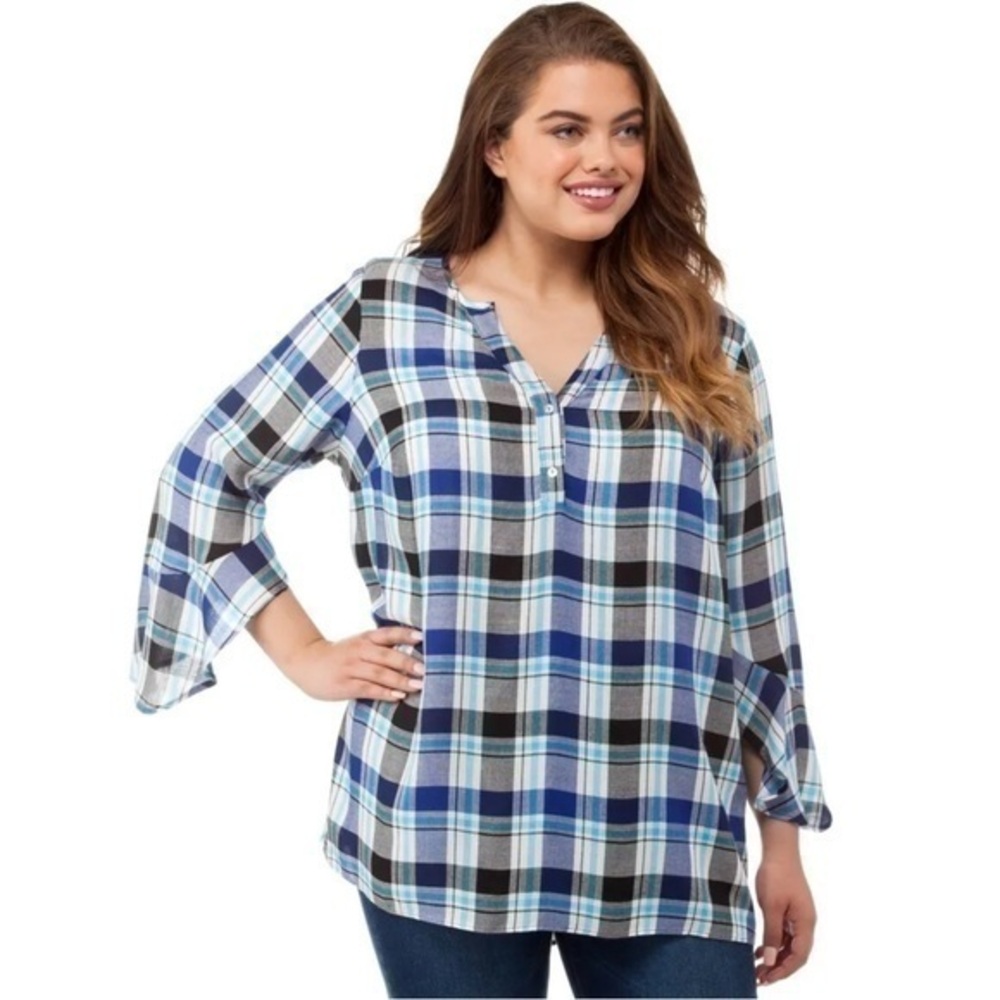 STATUS BY CHENAULT 2X Blue Plaid Henley Top Ruffle Sleeve